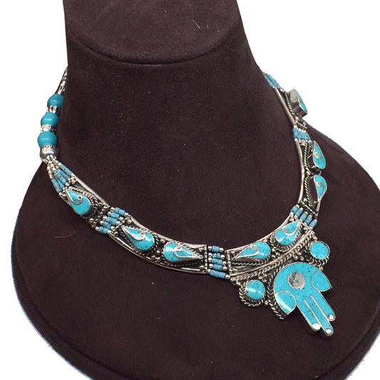 Tibetan Jewelry Green Turquoise Gemstone Hamsa Hand Nepali Necklace 18" NEC-4306