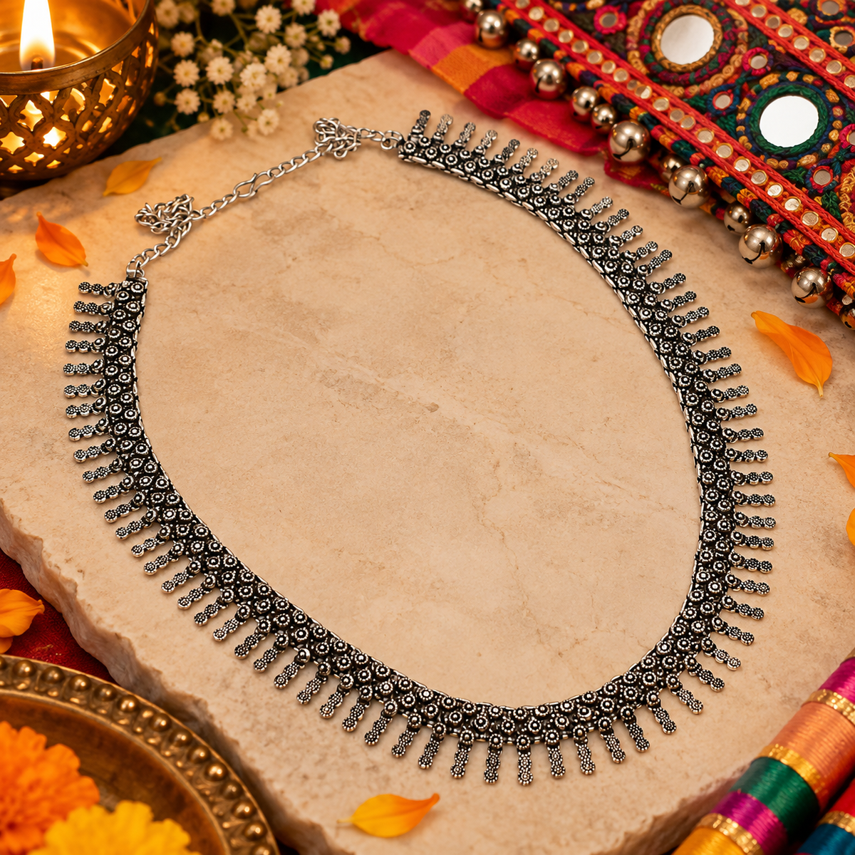 Oxidized Silver Necklace Tribal Choker Indian Boho Statement Jewelry NEC-4412
