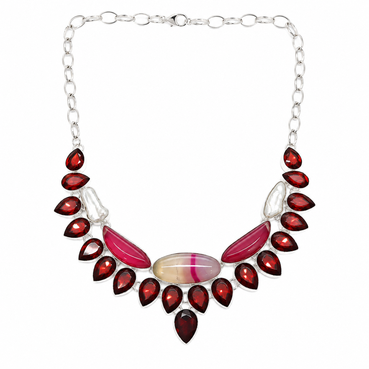 Red Garnet  Quartz & Pink Agate Statement Necklace Boho jewelry NEC-4675