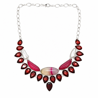 Red Garnet  Quartz & Pink Agate Statement Necklace Boho jewelry NEC-4675