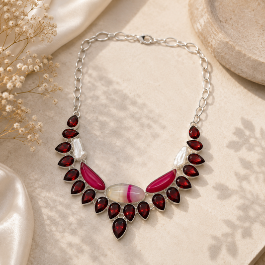 Red Garnet  Quartz & Pink Agate Statement Necklace Boho jewelry NEC-4675