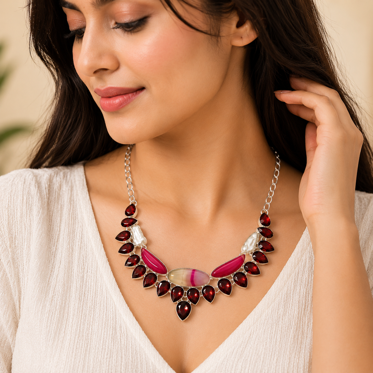 Red Garnet  Quartz & Pink Agate Statement Necklace Boho jewelry NEC-4675