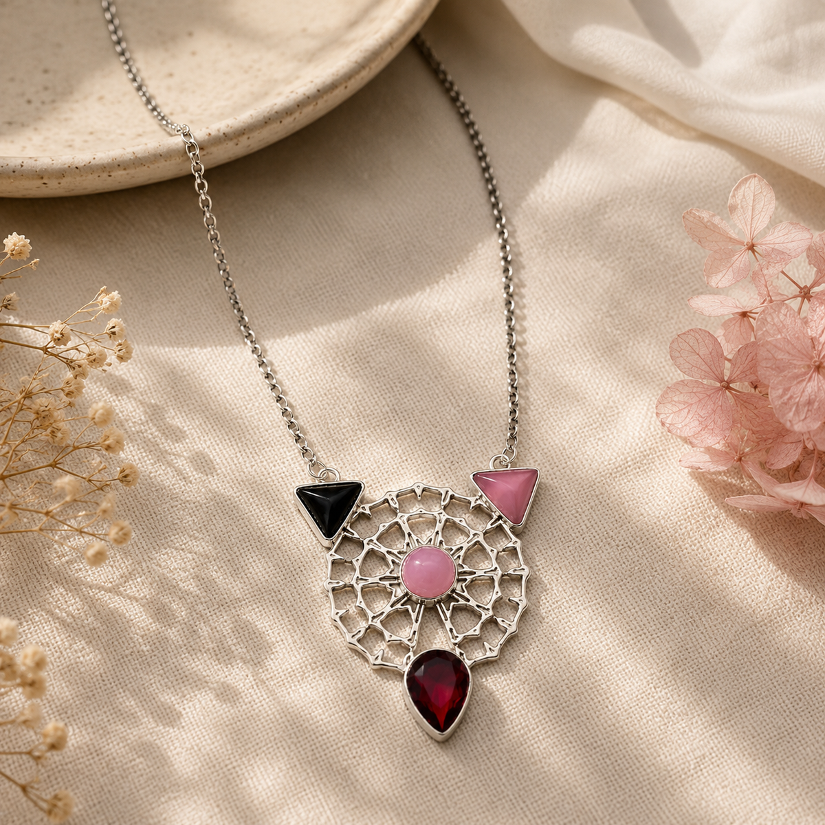 Handcrafted Rose Quartz Black Onyx garnet Multi stone Garba Necklace NEC-4752
