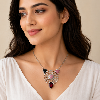 Handcrafted Rose Quartz Black Onyx garnet Multi stone Garba Necklace NEC-4752