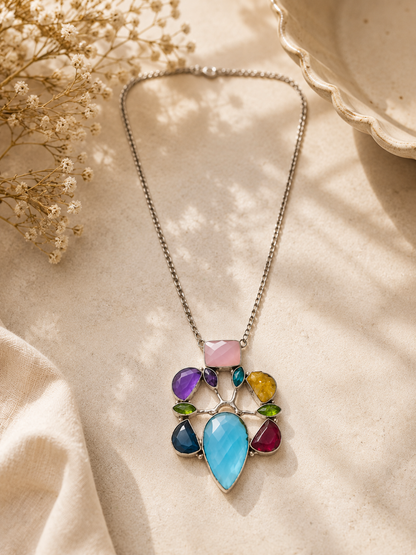 Handmade Silver Plated Multi Gemstone Floral Statement Necklace Pendant NEC-4753