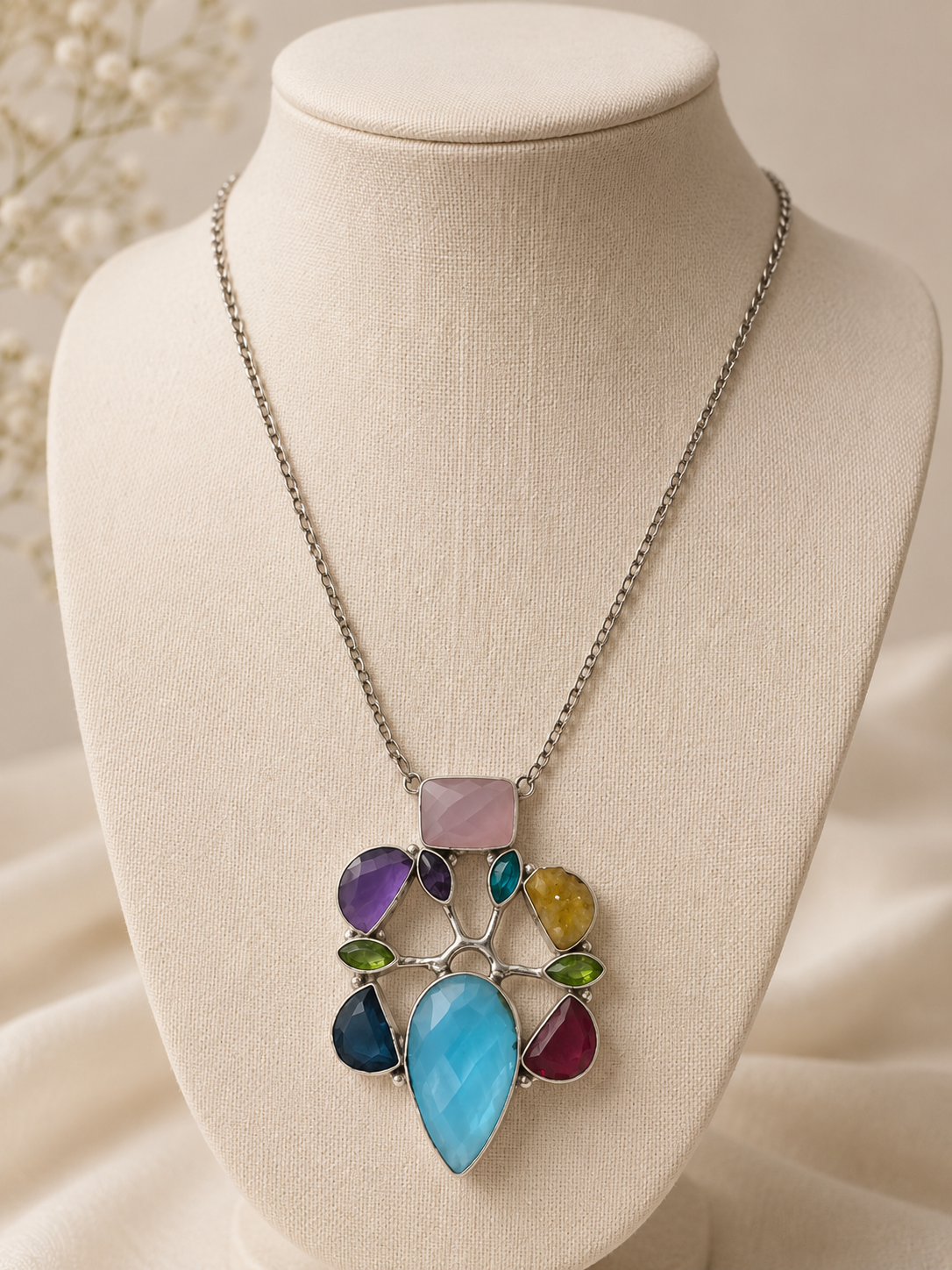 Handmade Silver Plated Multi Gemstone Floral Statement Necklace Pendant NEC-4753
