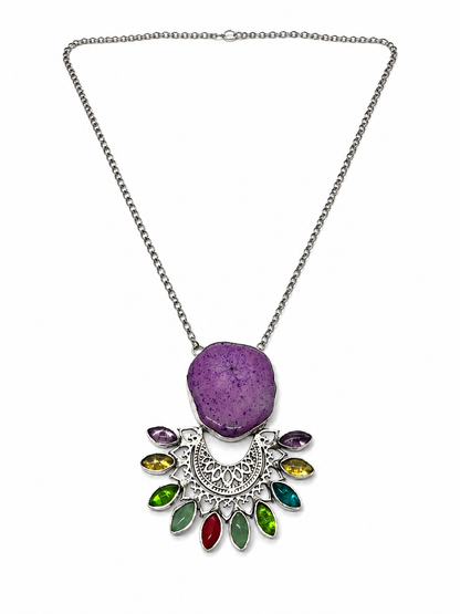 Designer Mandala Statement Necklace with Purple Druzy Pendant NEC-4755