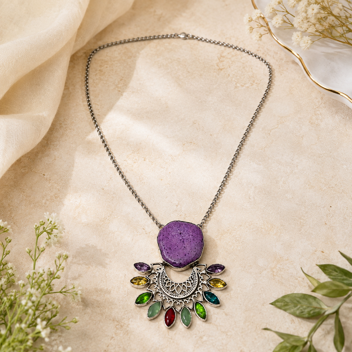 Designer Mandala Statement Necklace with Purple Druzy Pendant NEC-4755