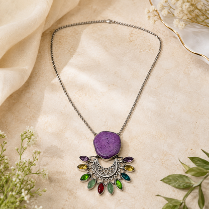 Designer Mandala Statement Necklace with Purple Druzy Pendant NEC-4755