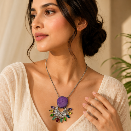Designer Mandala Statement Necklace with Purple Druzy Pendant NEC-4755