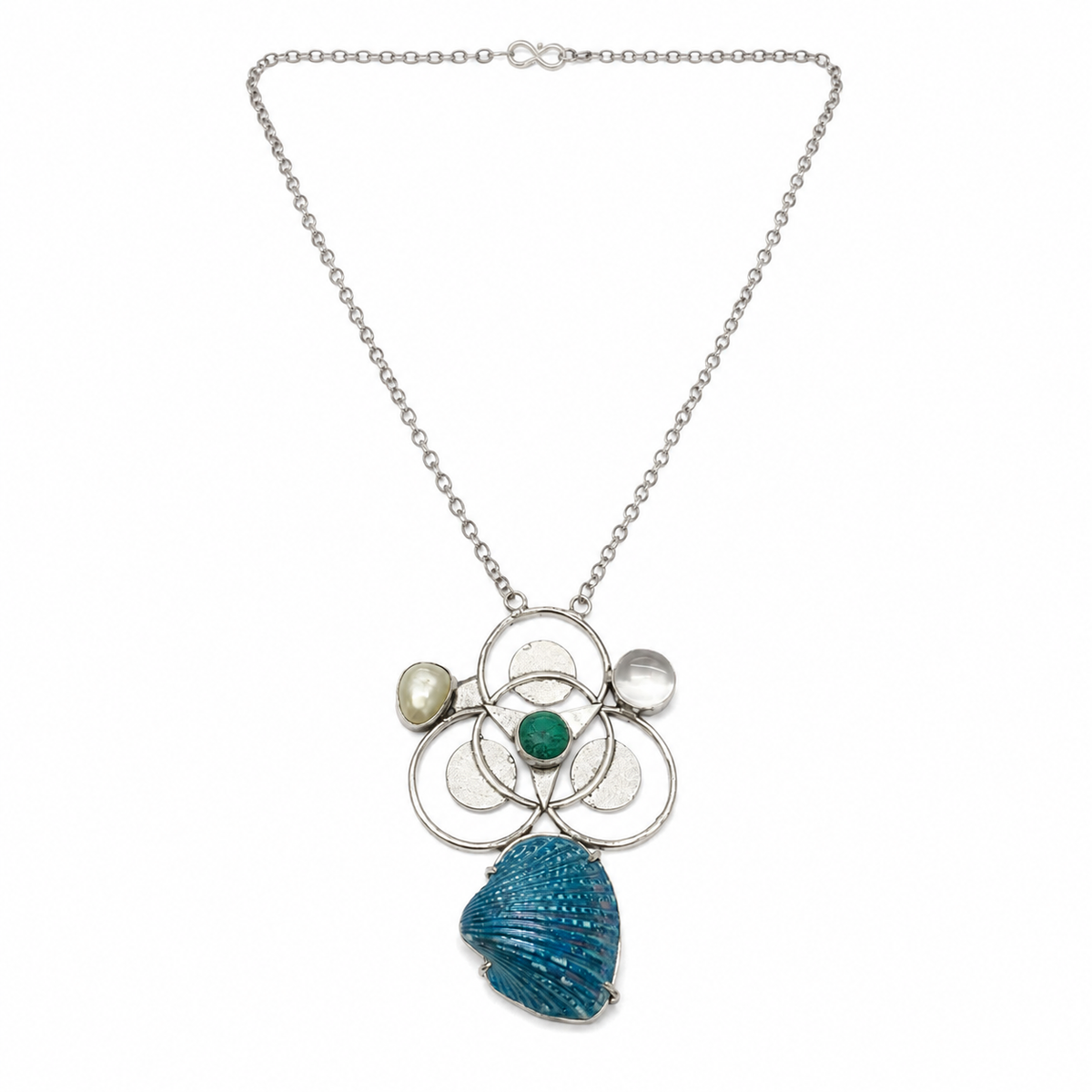 Silver Blue Shell Turquoise Pearl Floral Statement Pendant Necklace NEC-4757