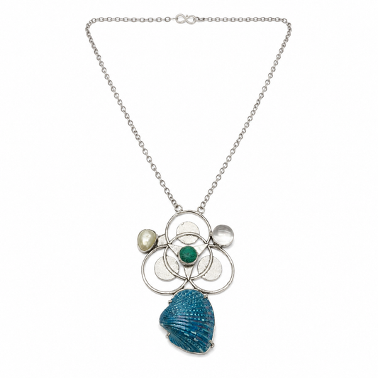 Silver Blue Shell Turquoise Pearl Floral Statement Pendant Necklace NEC-4757