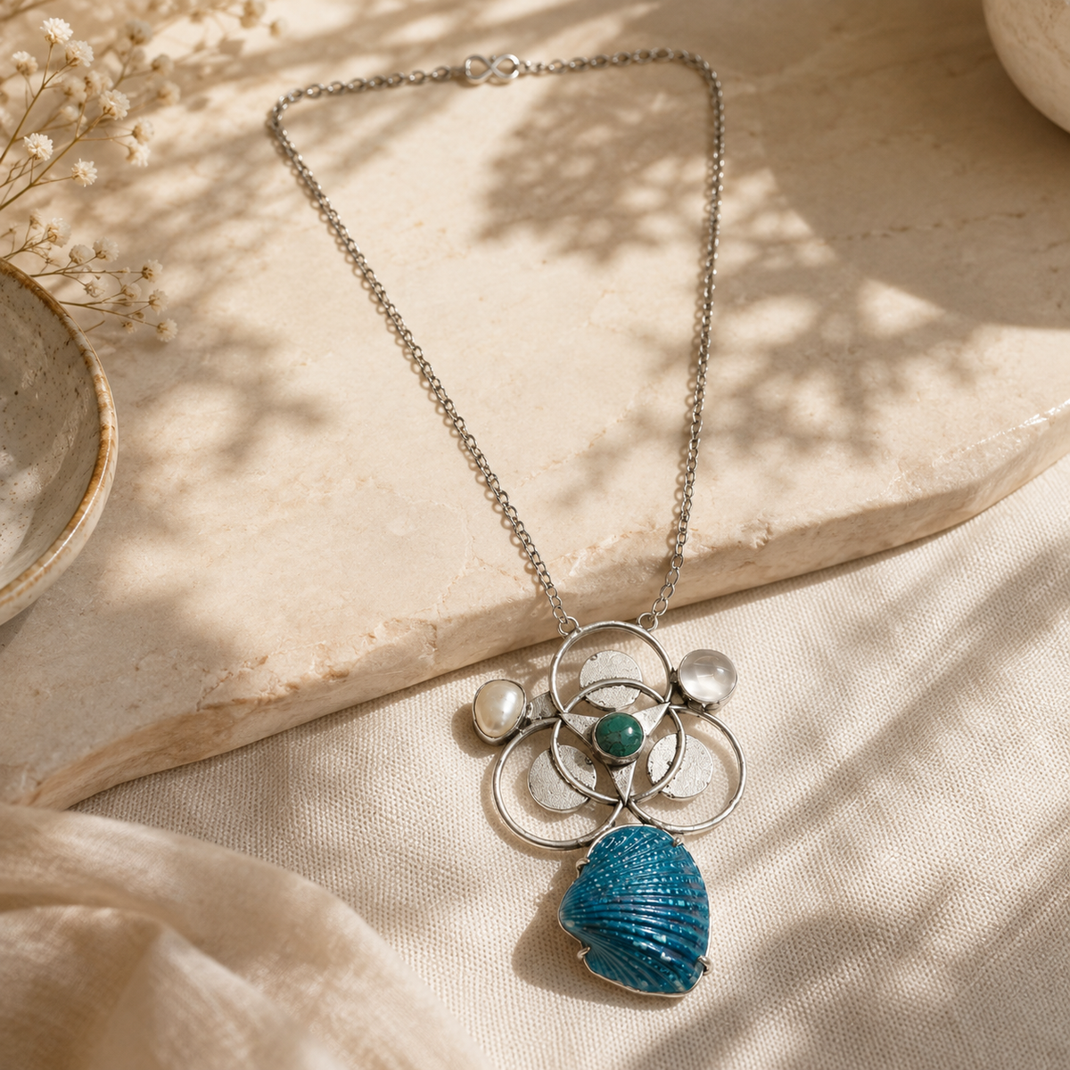 Silver Blue Shell Turquoise Pearl Floral Statement Pendant Necklace NEC-4757