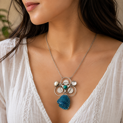 Silver Blue Shell Turquoise Pearl Floral Statement Pendant Necklace NEC-4757