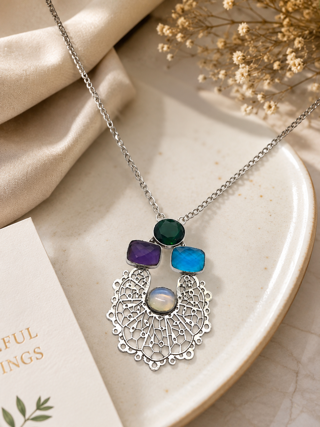 Multicolor Gemstone Filigree Pendant Necklace for Women NEC-4758