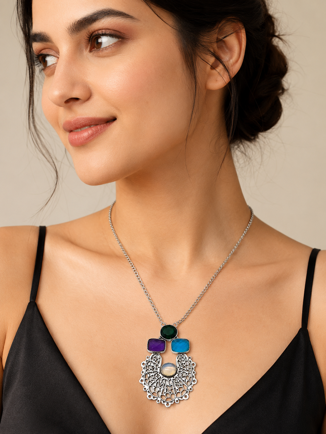 Multicolor Gemstone Filigree Pendant Necklace for Women NEC-4758