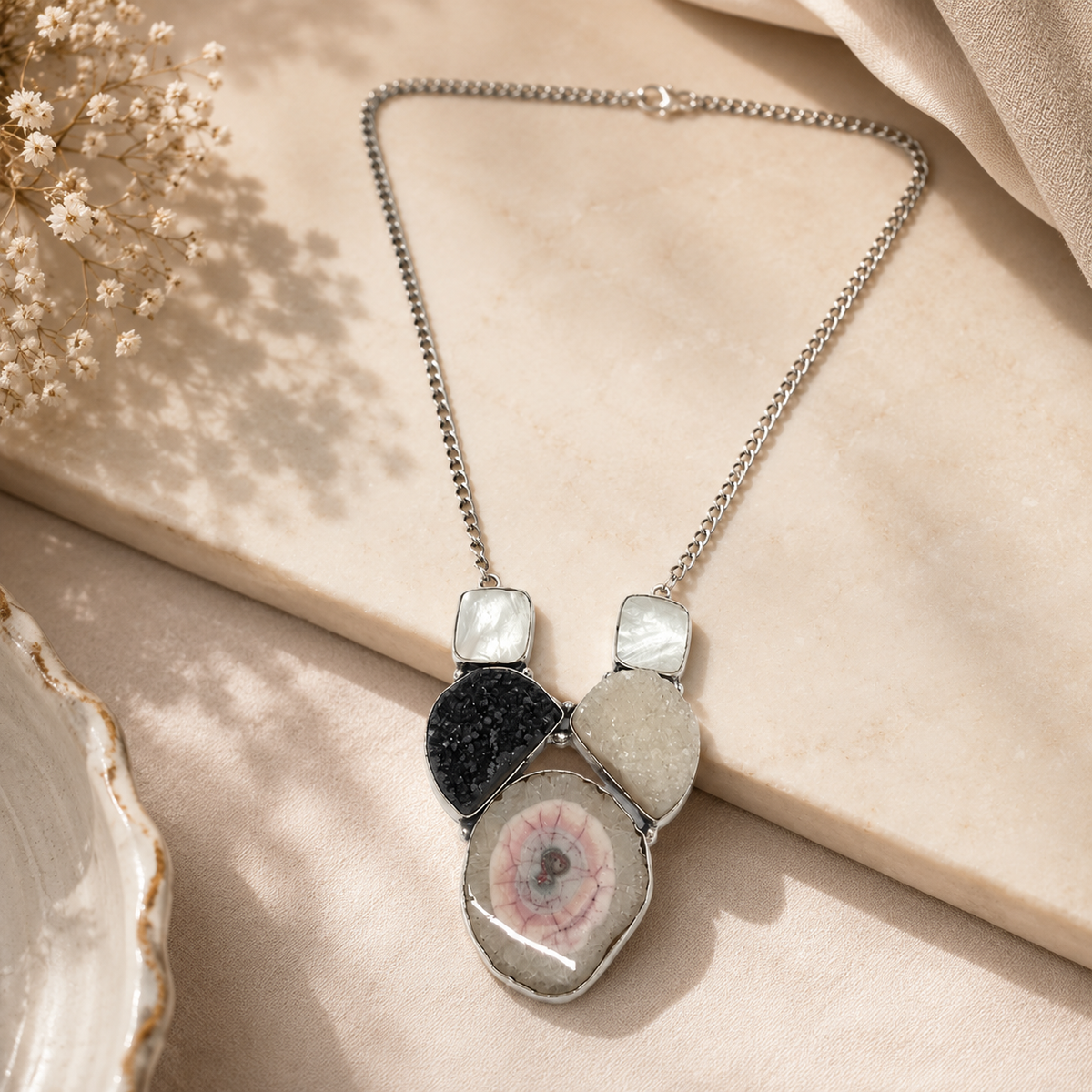 Natural Fossil Ammonite & Druzy Gemstone Statement Necklace NEC-4759