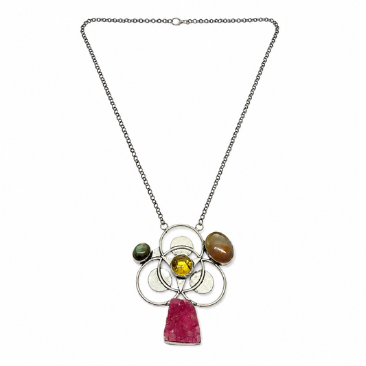 Handcrafted Silver-Tone Statement Necklace with Natural Pink Druzy Stone NEC-4762