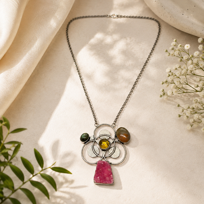 Handcrafted Silver-Tone Statement Necklace with Natural Pink Druzy Stone NEC-4762