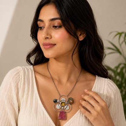 Handcrafted Silver-Tone Statement Necklace with Natural Pink Druzy Stone NEC-4762