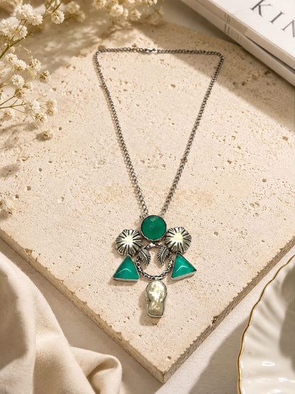 Oxidized Silver Plated Green Gemstone Floral Pearl Drop Statement Necklace NEC-4763