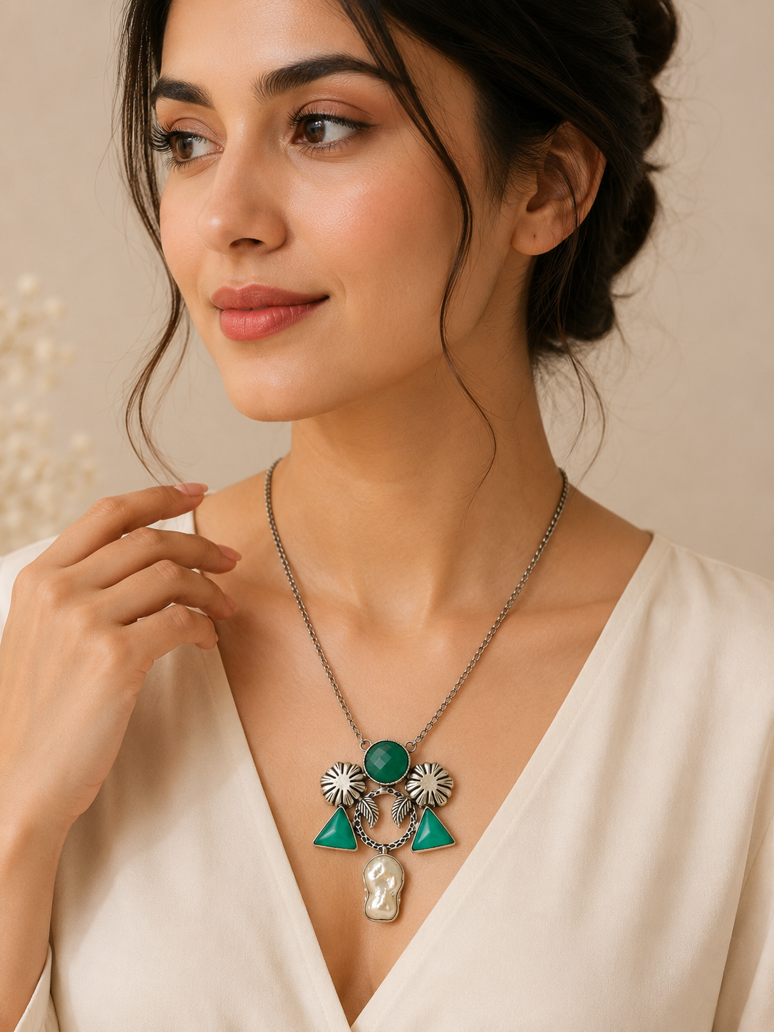 Oxidized Silver Plated Green Gemstone Floral Pearl Drop Statement Necklace NEC-4763