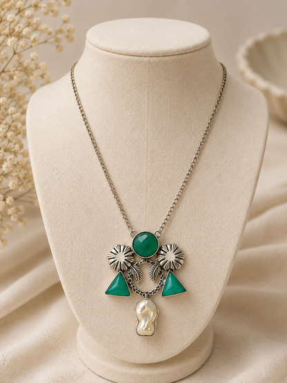 Oxidized Silver Plated Green Gemstone Floral Pearl Drop Statement Necklace NEC-4763