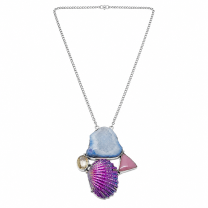 Natural Blue Druzy & Iridescent Purple Shell Statement Necklace NEC-4764