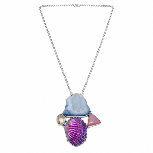 Natural Blue Druzy & Iridescent Purple Shell Statement Necklace NEC-4764