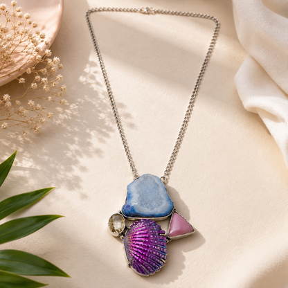 Natural Blue Druzy & Iridescent Purple Shell Statement Necklace NEC-4764