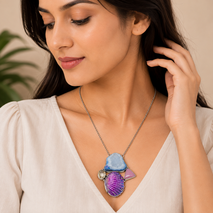 Natural Blue Druzy & Iridescent Purple Shell Statement Necklace NEC-4764