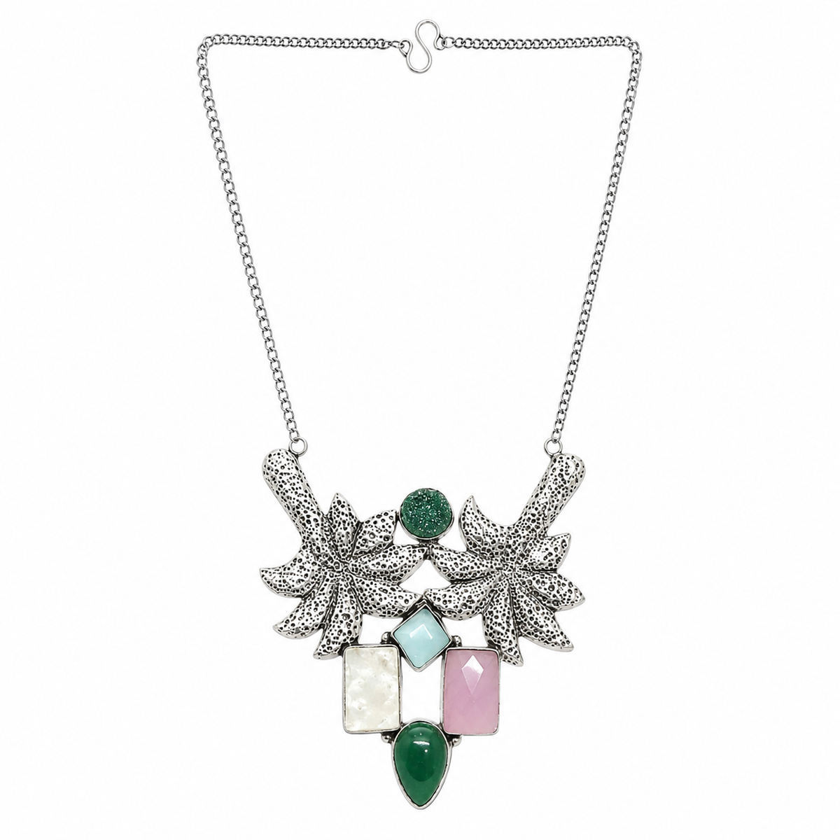 Boho Silver Necklace with Green Druzy and Multicolor Gemstone Pendant NEC-4765