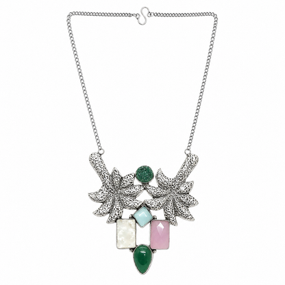 Boho Silver Necklace with Green Druzy and Multicolor Gemstone Pendant NEC-4765