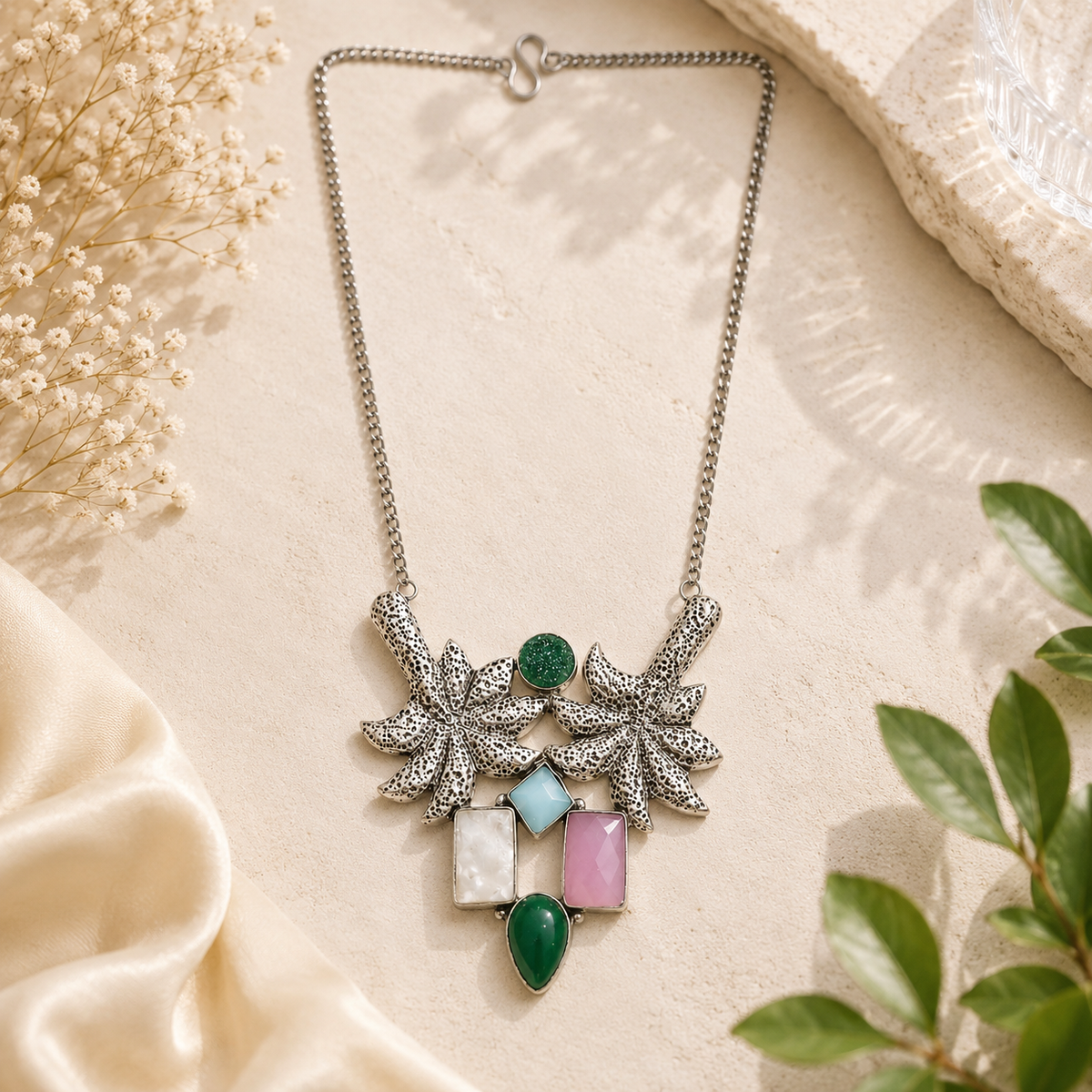 Boho Silver Necklace with Green Druzy and Multicolor Gemstone Pendant NEC-4765