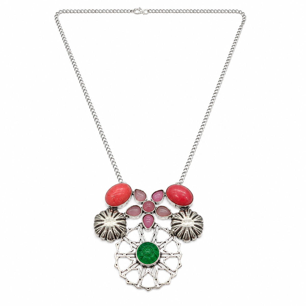 Multicolor Floral Carved Multi Quartz Chain Necklace Garba Jewelry NEC-4768