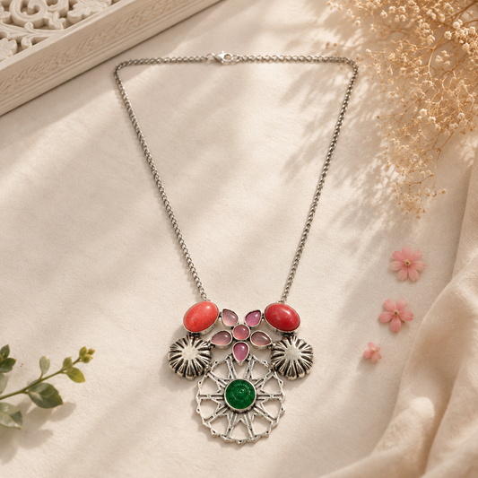 Multicolor Floral Carved Multi Quartz Chain Necklace Garba Jewelry NEC-4768
