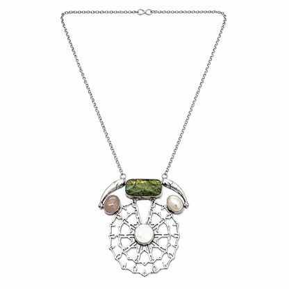 Silver Labradorite Pearl Mandala Pendant Bohemian Statement Necklace NEC-4769