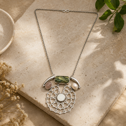Silver Labradorite Pearl Mandala Pendant Bohemian Statement Necklace NEC-4769