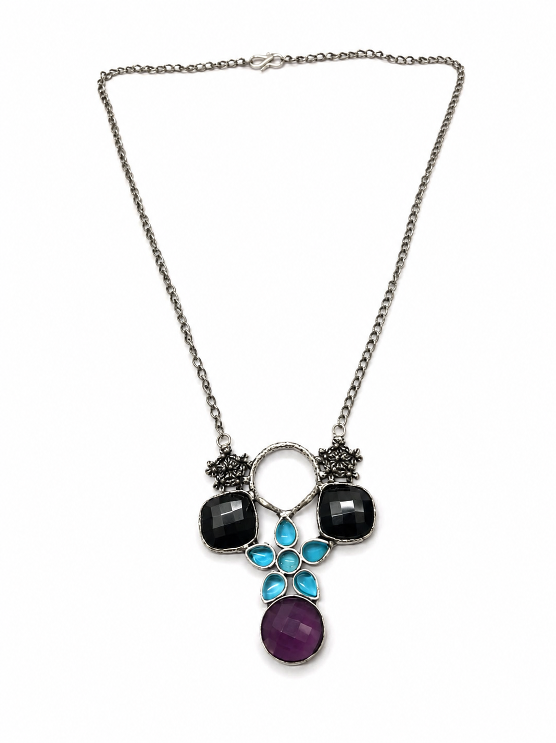 Handcrafted Silver Plated Multi Quartz Floral Statement Necklace Pendant NEC-4770