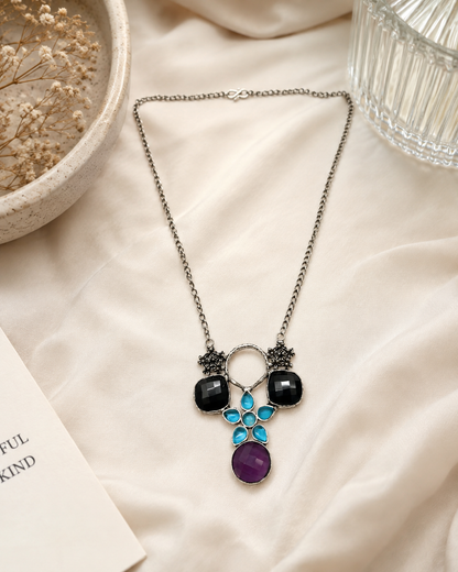 Handcrafted Silver Plated Multi Quartz Floral Statement Necklace Pendant NEC-4770