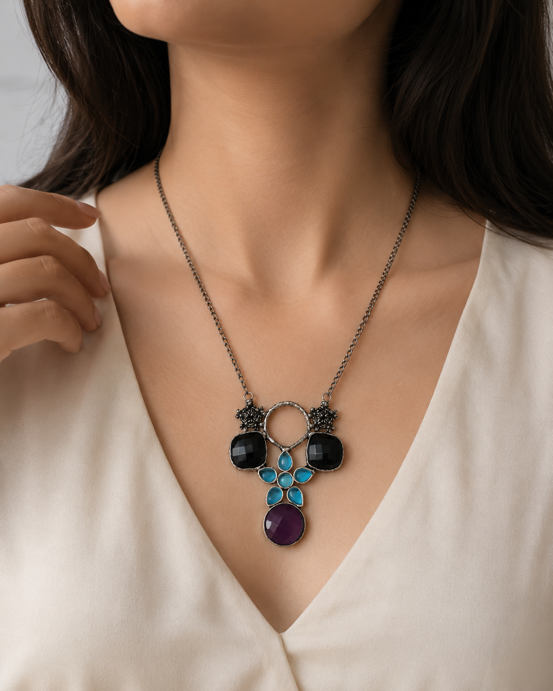 Handcrafted Silver Plated Multi Quartz Floral Statement Necklace Pendant NEC-4770