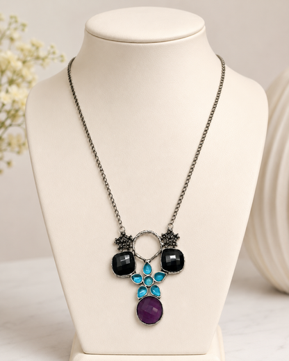 Handcrafted Silver Plated Multi Quartz Floral Statement Necklace Pendant NEC-4770