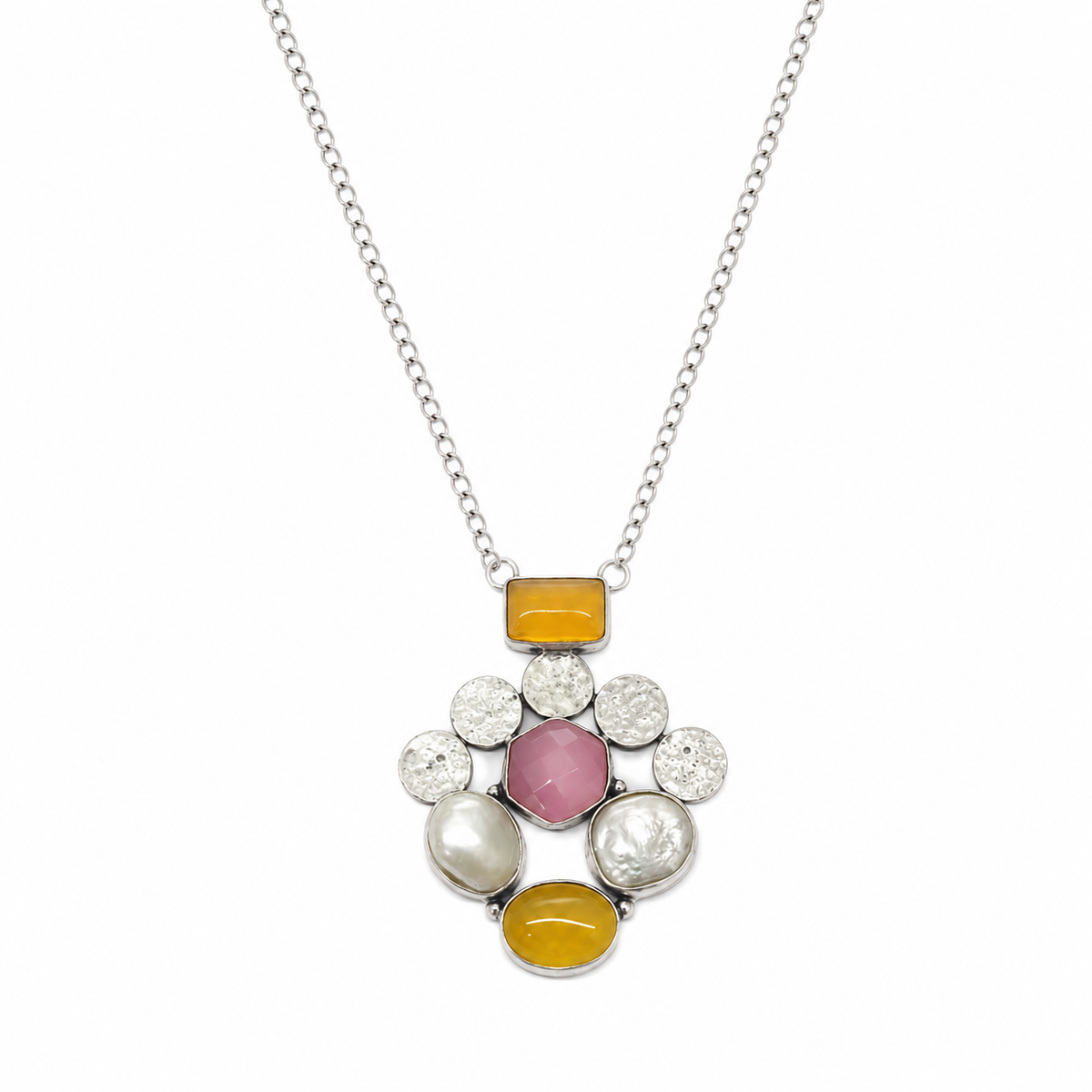 Designer Rose quartz with citrine and mother of pearl gemstone pendant NEC-4771