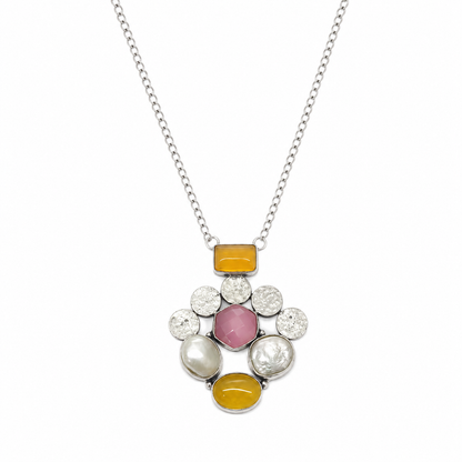 Designer Rose quartz with citrine and mother of pearl gemstone pendant NEC-4771