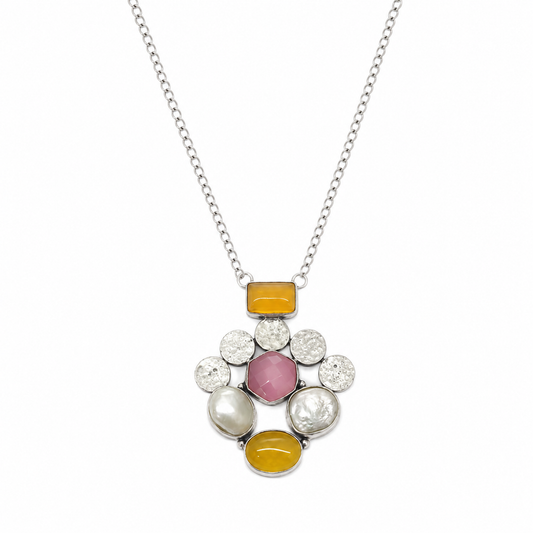 Designer Rose quartz with citrine and mother of pearl gemstone pendant NEC-4771