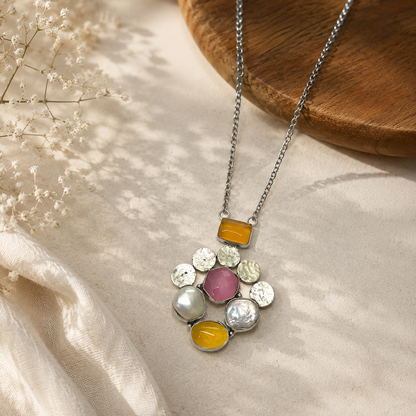 Designer Rose quartz with citrine and mother of pearl gemstone pendant NEC-4771