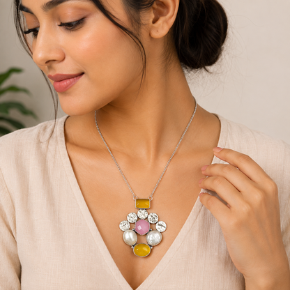 Designer Rose quartz with citrine and mother of pearl gemstone pendant NEC-4771