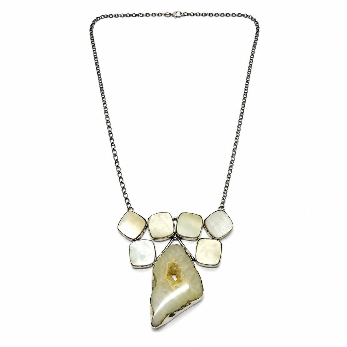 Designer Silver Necklace with Natural Druzy Slice and Mother of Pearl NEC-4774