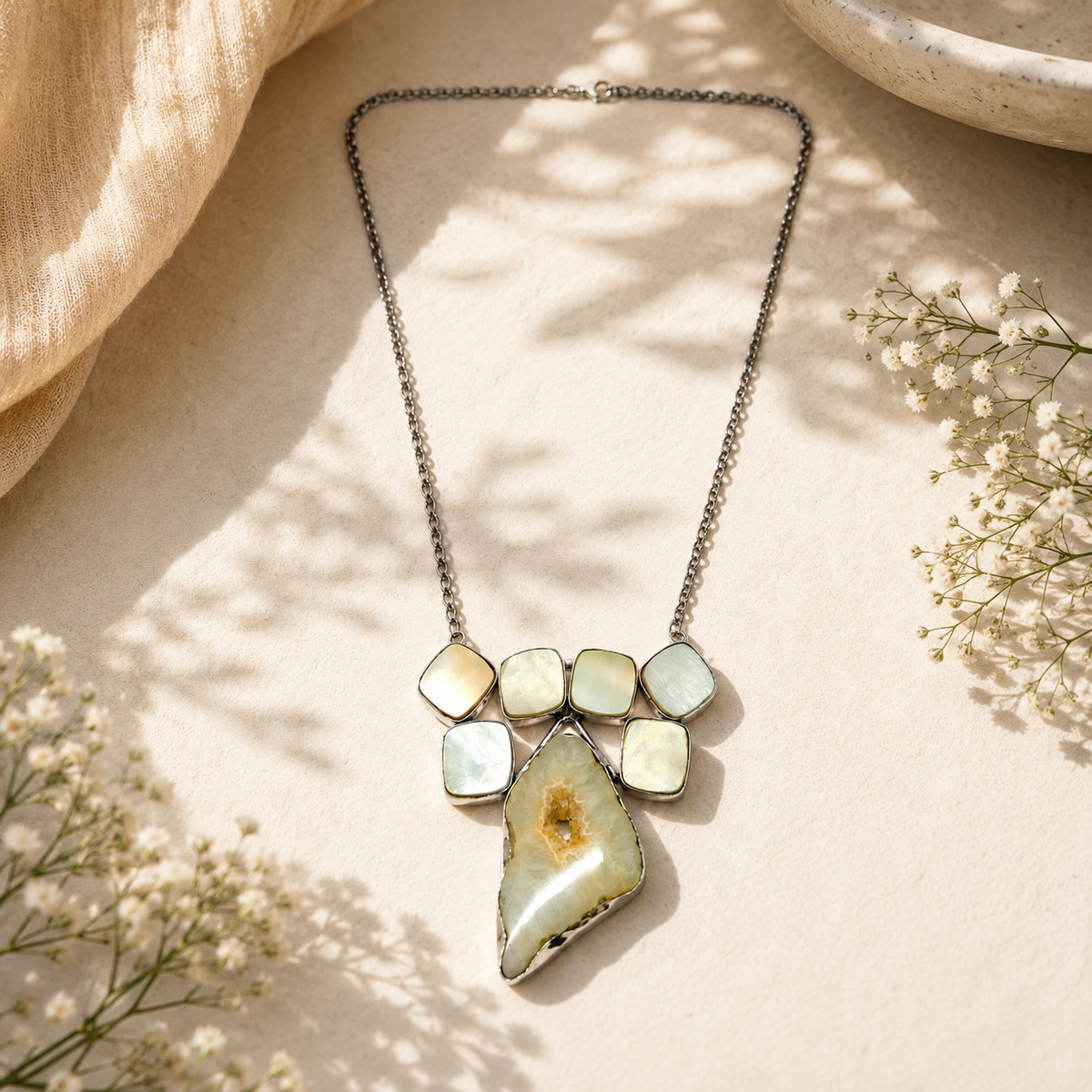Designer Silver Necklace with Natural Druzy Slice and Mother of Pearl NEC-4774