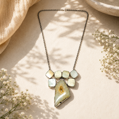 Designer Silver Necklace with Natural Druzy Slice and Mother of Pearl NEC-4774